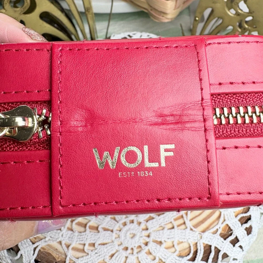 WOLF Red Square Jewelry Case Travel Organizer Quilted Tassel Leather